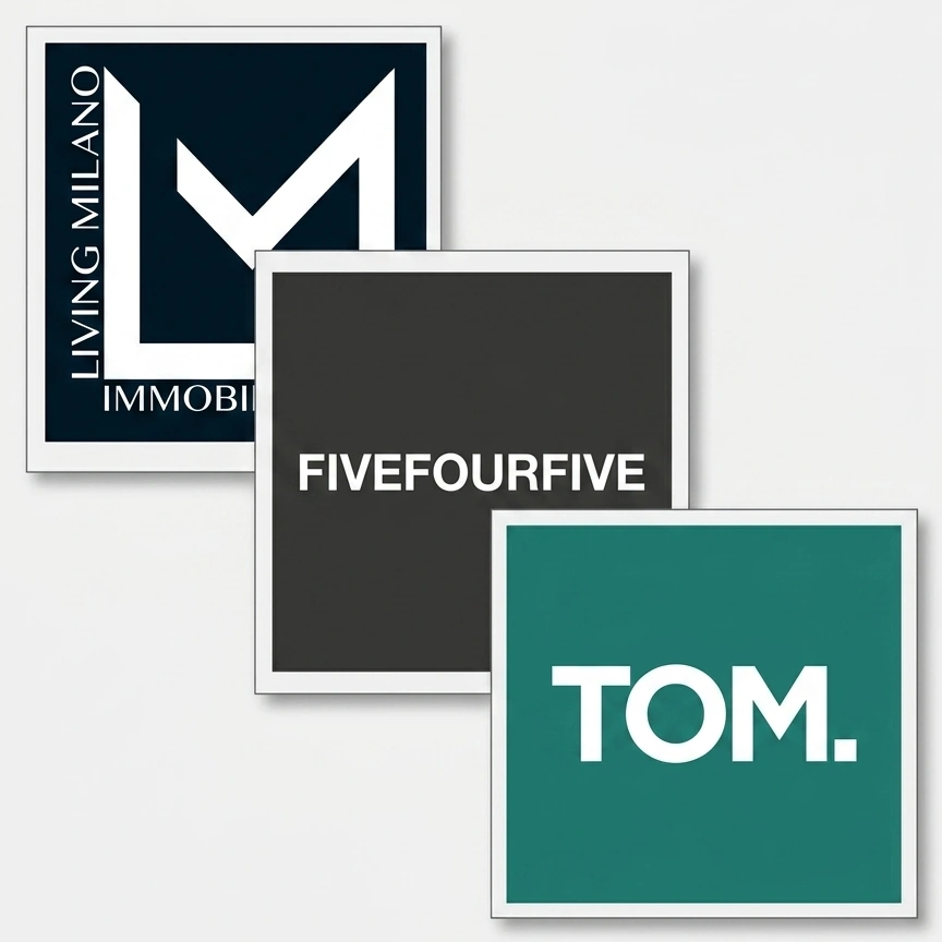 Collage dei loghi Living Milano, FiveFourFive e TOM; il cliente selezionato è evidenziato in verde